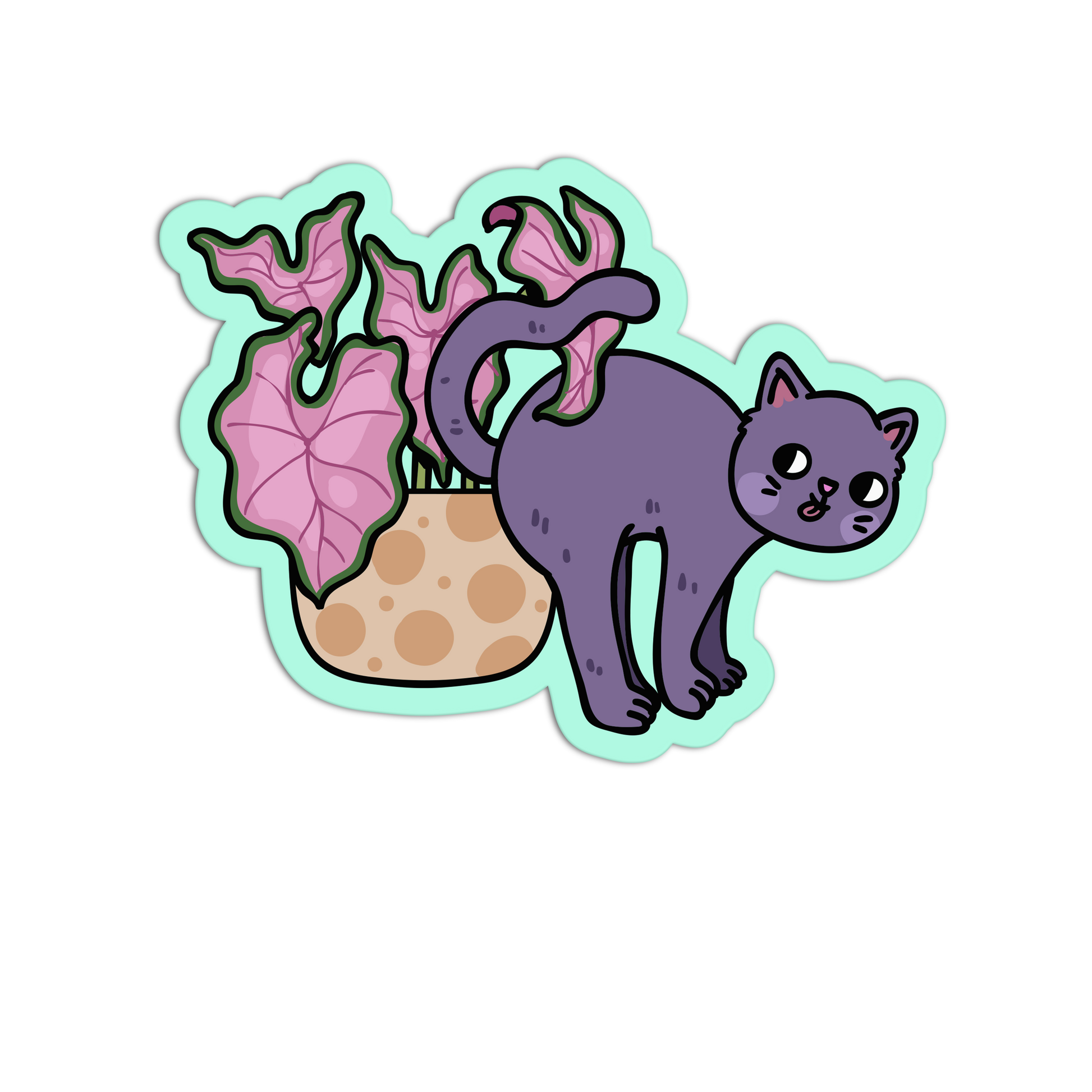 Sticker of a purple cat with pink leaves on a white background
