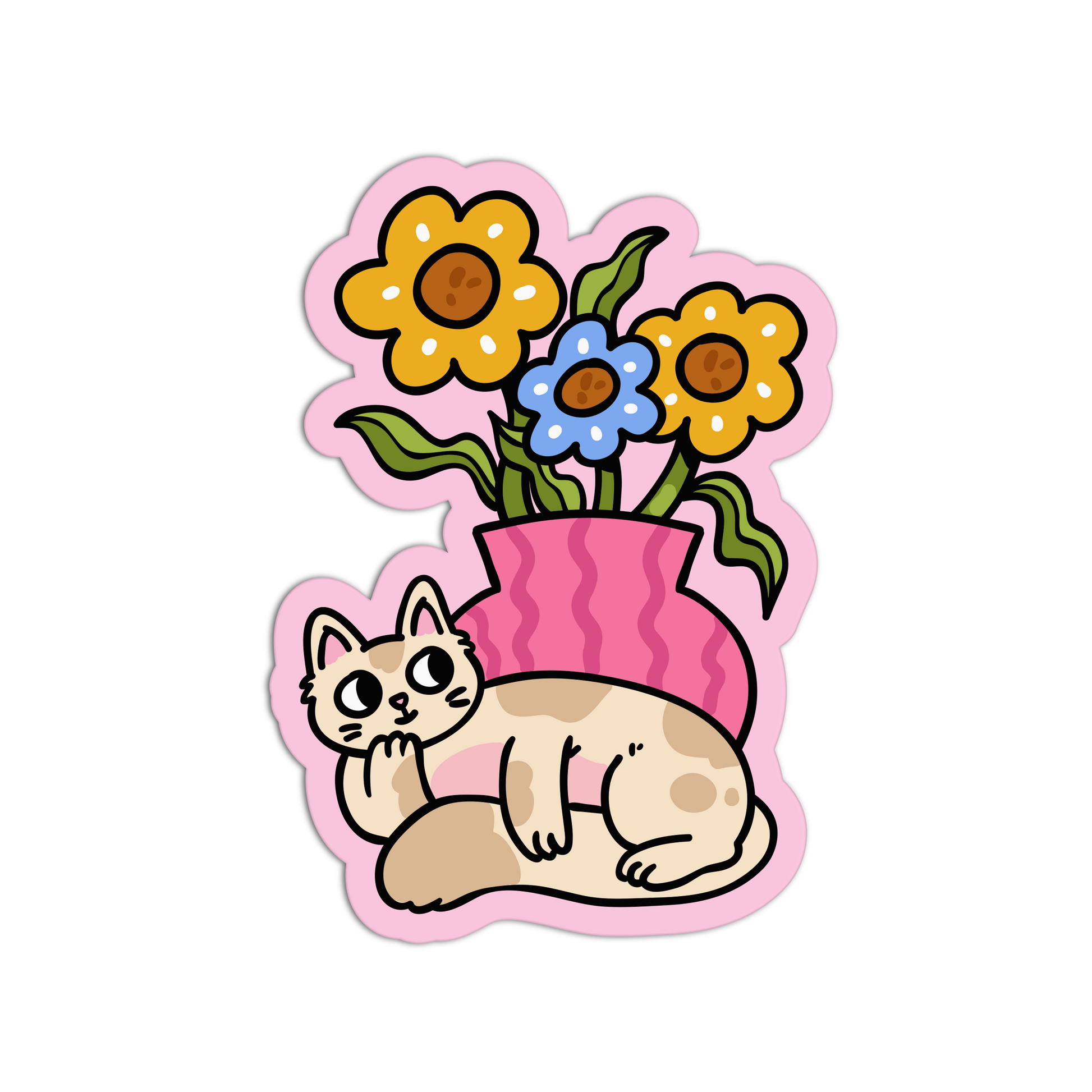 Sticker of a cat with flowers and a pink vase on a white background