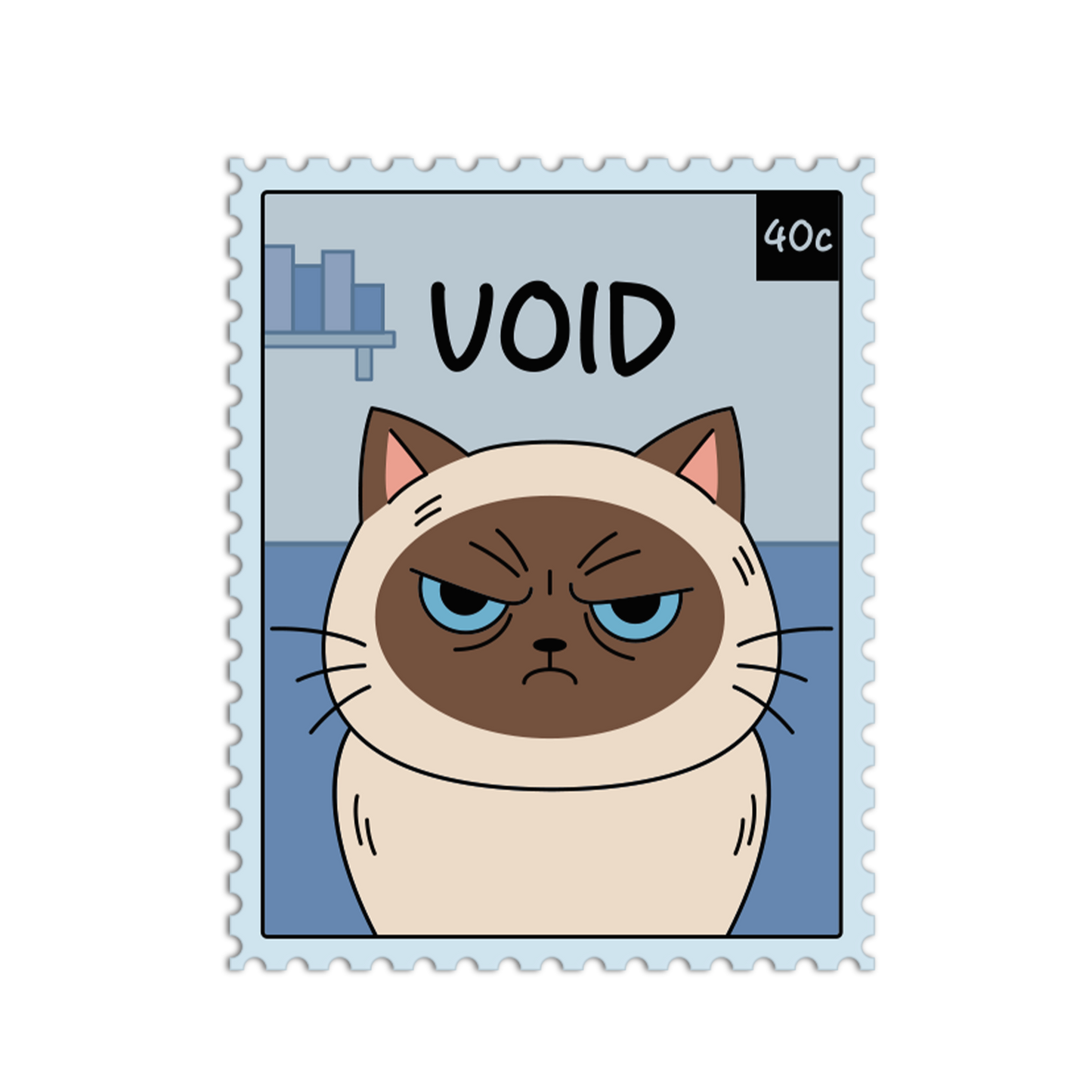 Cartoon cat on a postage stamp with 'VOID' text