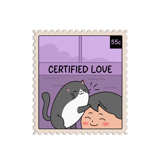 Illustration of a cat and person hugging with 'Certified Love' text on a purple background