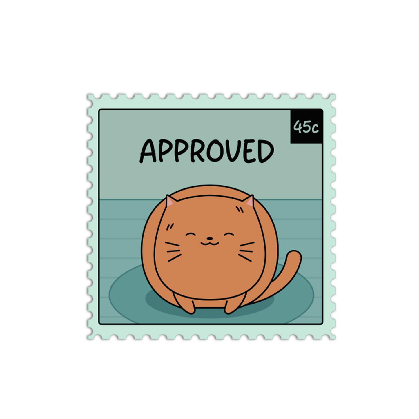 Illustration of a cat on a postage stamp with 'APPROVED' text