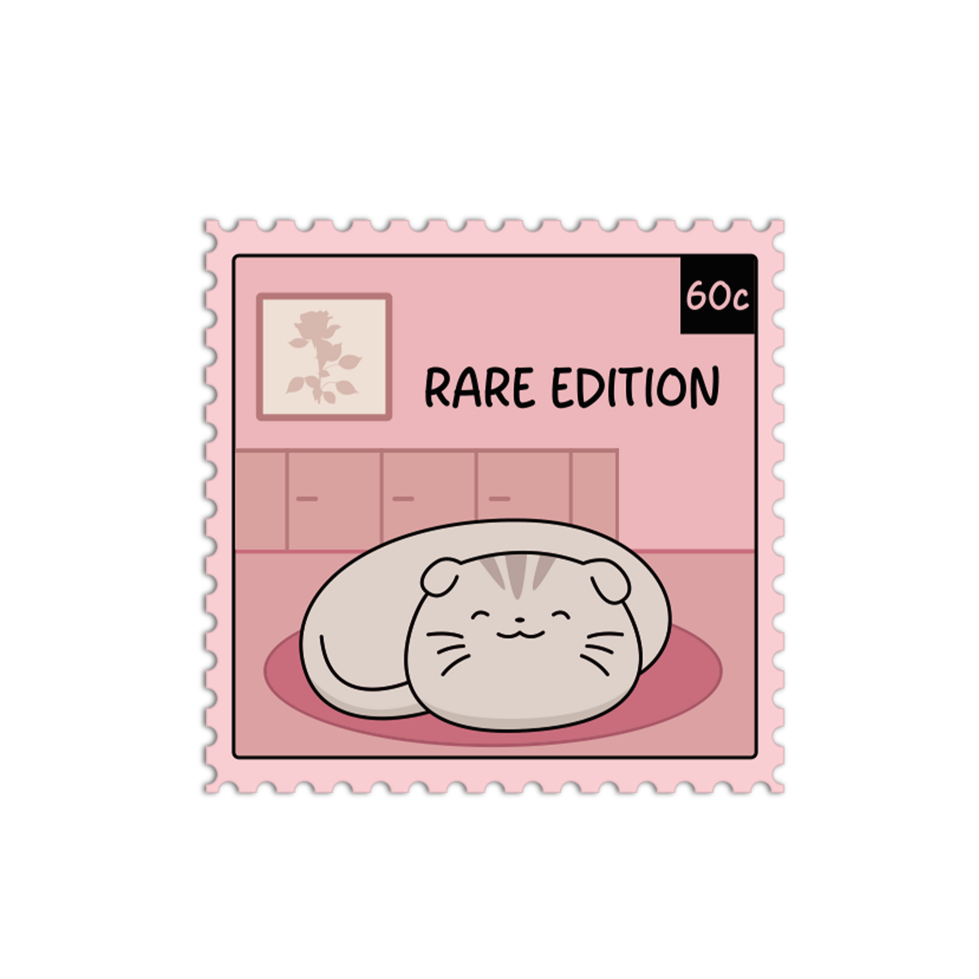 Cartoon cat on a pink stamp with 'Rare Edition' text