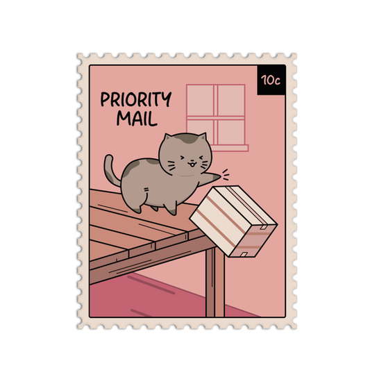 Illustration of a cat on a mailbox with 'Priority Mail' text on a pink background