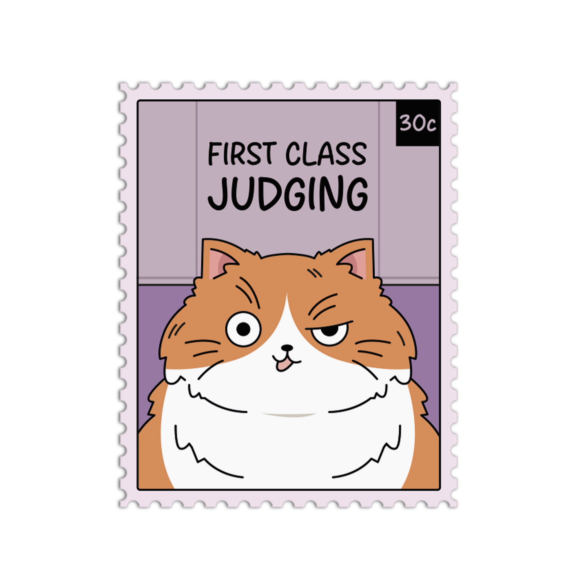 Cartoon cat on a postage stamp with text 'First Class Judging' on a white background