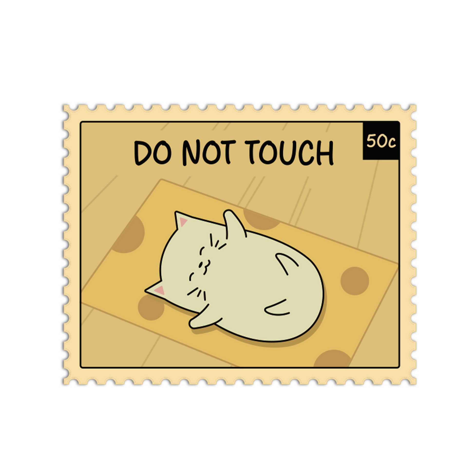 Cartoon cat on a stamp with 'Do Not Touch' text
