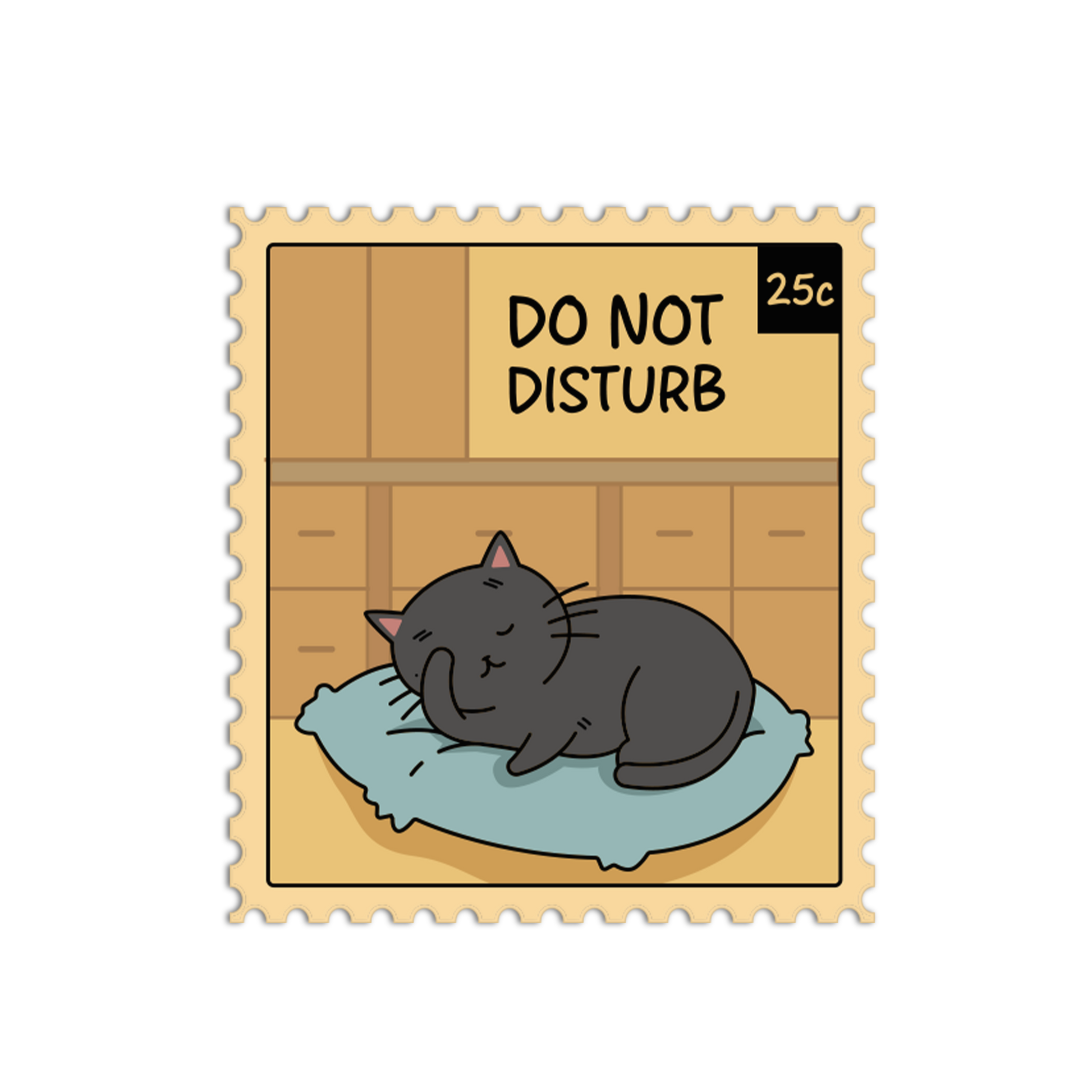 Illustration of a cat on a pillow with 'Do Not Disturb' sign on a postage stamp-style background