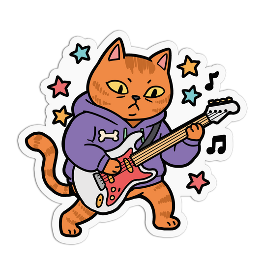 Cartoon cat playing a guitar with stars and music notes on a white background