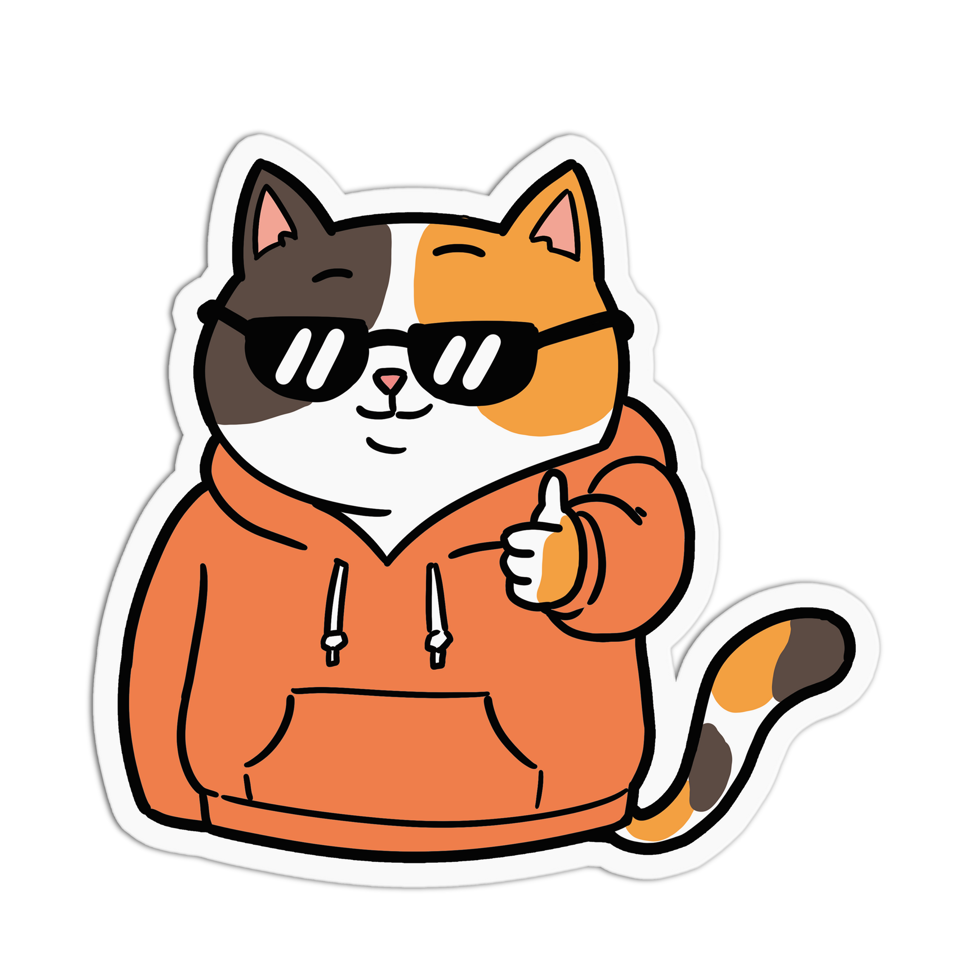 Cartoon cat in an orange hoodie with sunglasses and a thumbs-up gesture on a white background