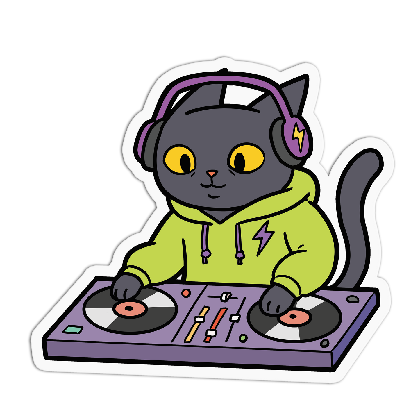 Cartoon cat DJing on a turntable with headphones on a white background