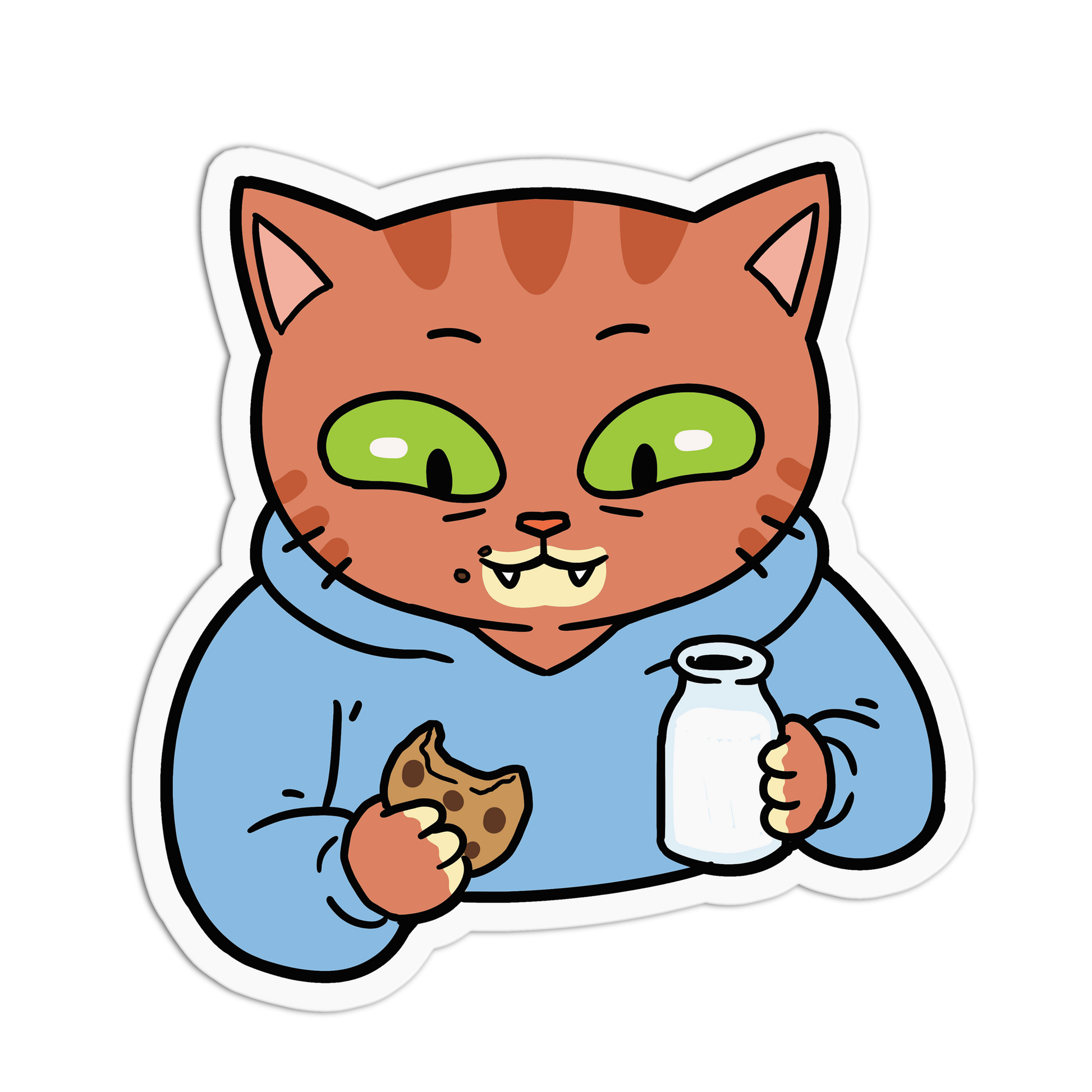Cartoon cat in a blue hoodie holding a cookie and a bottle of milk on a white background