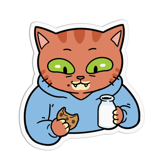 Cartoon cat in a blue hoodie holding a cookie and a bottle of milk on a white background