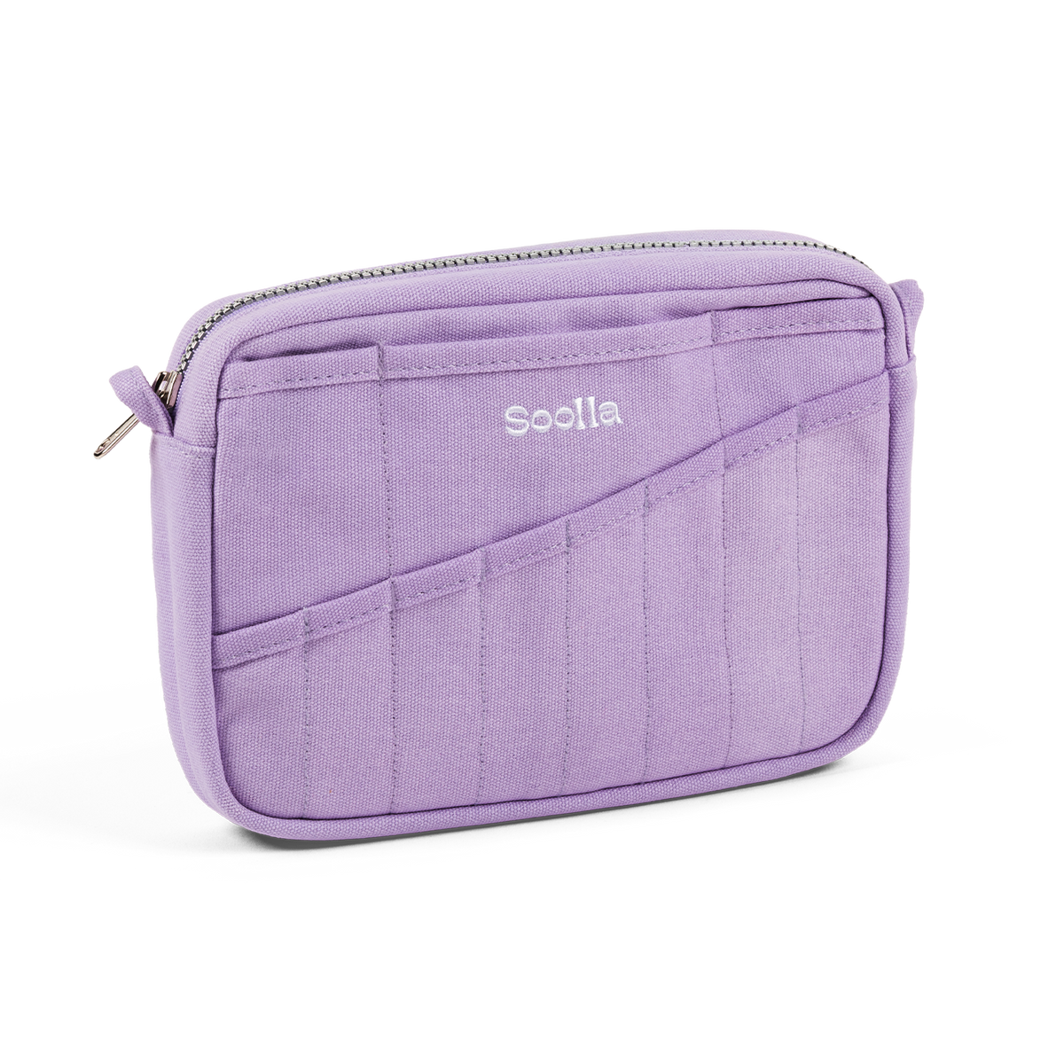 Purple pouch with 'Soola' branding on a white background