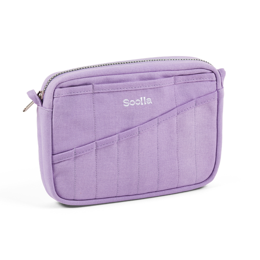 Purple pouch with 'Soola' branding on a white background