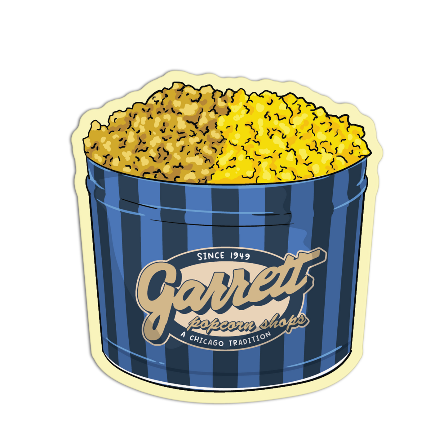 Sticker of a blue striped bucket with popcorn labeled 'Garrett Popcorn Shops'.