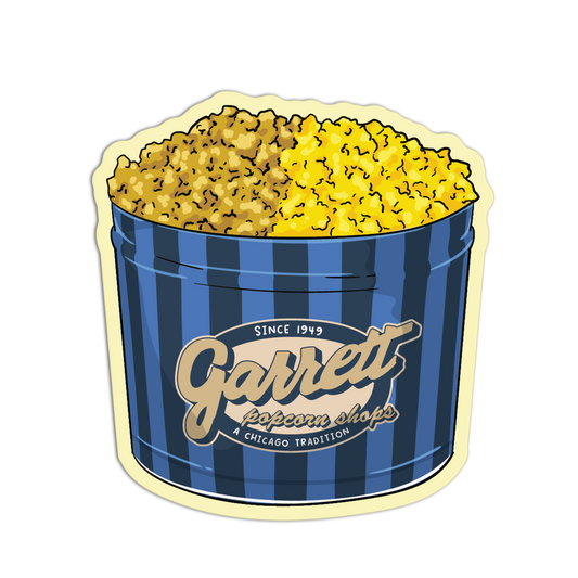 Sticker of a blue striped bucket with popcorn labeled 'Garrett Popcorn Shops'.
