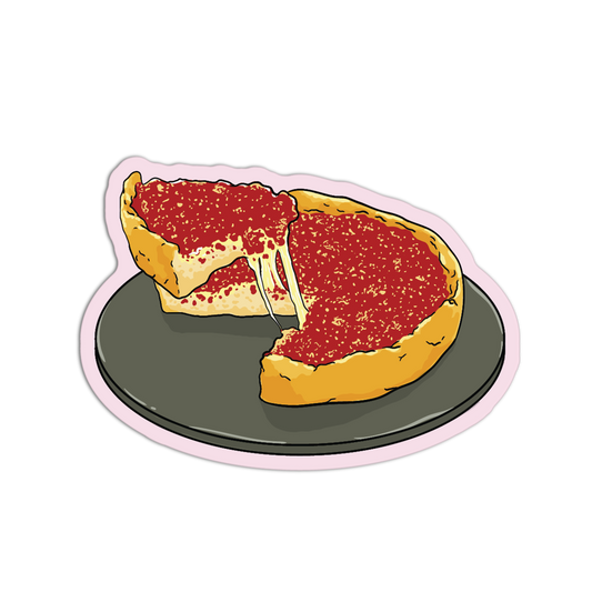 Illustration of a slice of deep-dish pizza on a plate with a white background