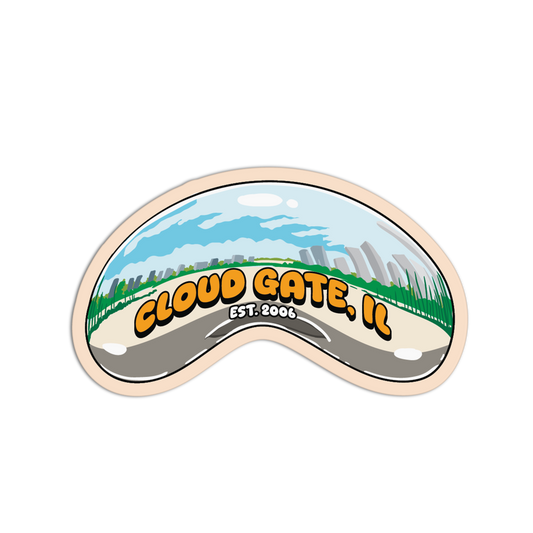 Illustration of Cloud Gate, a famous sculpture in Chicago, with text on a white background.
