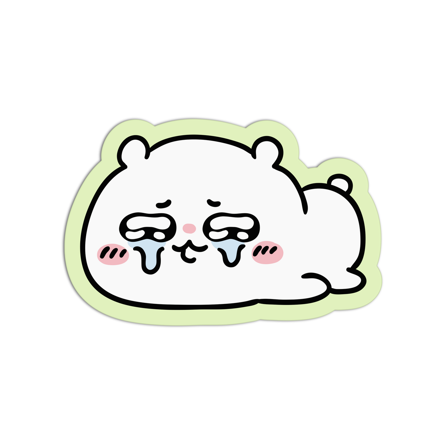 A die-cut sticker featuring a cute, white cartoon character with closed eyes, tears, pink cheeks, and a light green border, shown on a plain white background.