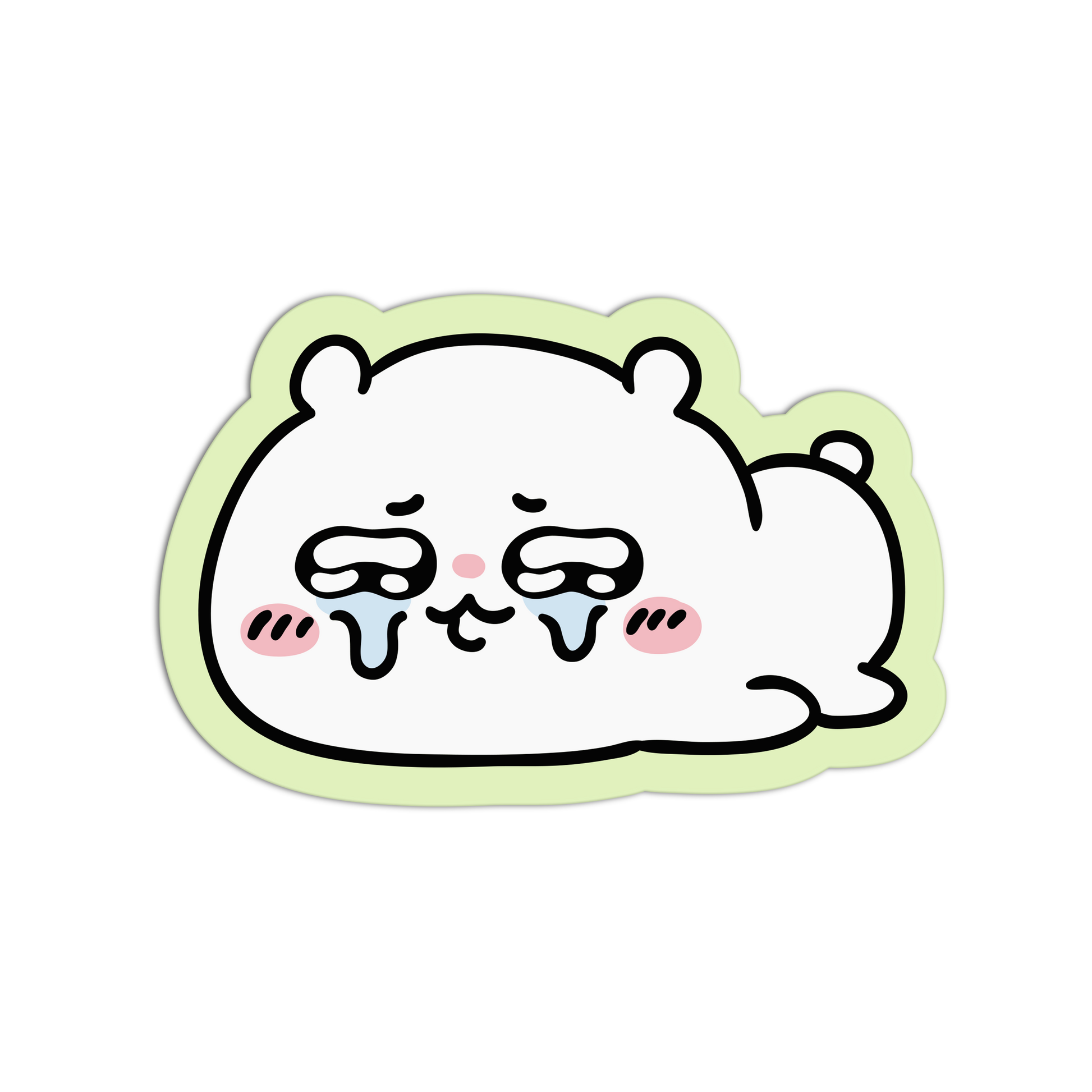 A die-cut sticker featuring a cute, white cartoon character with closed eyes, tears, pink cheeks, and a light green border, shown on a plain white background.