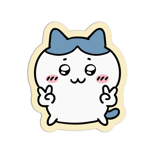A cute cartoon sticker or decal of a white cat character with blue ears, pink cheeks, and a yellow border, shown on a plain white background.