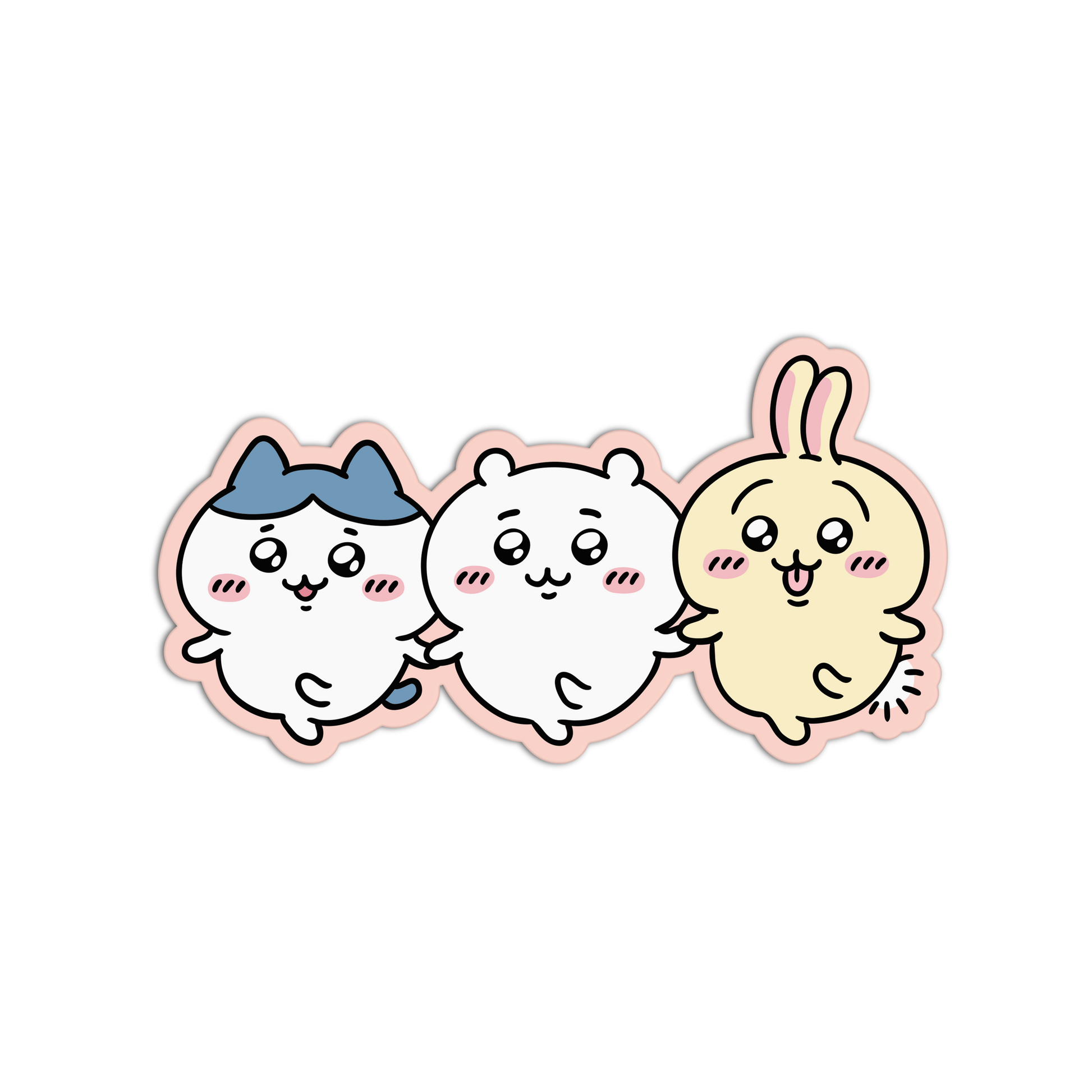 A die-cut sticker featuring three cute cartoon characters side by side: a white cat with blue hair, a white bear, and a pale yellow bunny, all with pink outlines and pink cheeks, shown on a plain white background.