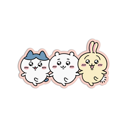 A die-cut sticker featuring three cute cartoon characters side by side: a white cat with blue hair, a white bear, and a pale yellow bunny, all with pink outlines and pink cheeks, shown on a plain white background.