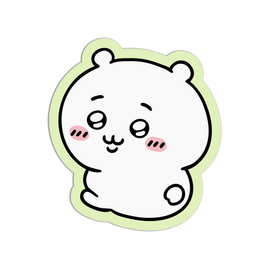 A cute cartoon bear sticker or decal with a white body, black outlines, pink cheeks, and a pale green border on a plain white background.