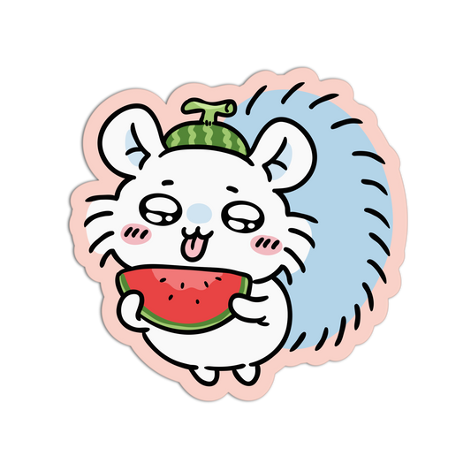 A die-cut cartoon sticker of a white hamster holding a slice of watermelon, with a green watermelon crown on its head and a pink outer border, shown on a plain white background.