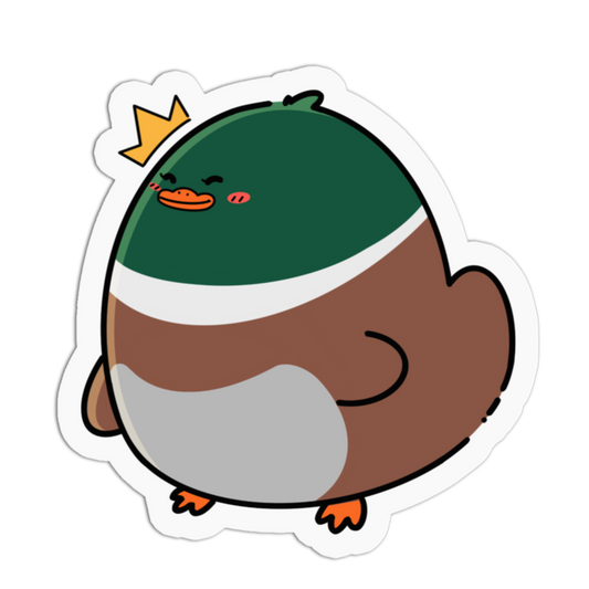Cartoon penguin with a green hat and crown on a white background