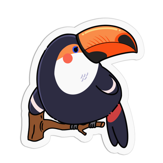 Cartoon toucan sticker with a colorful beak on a transparent background