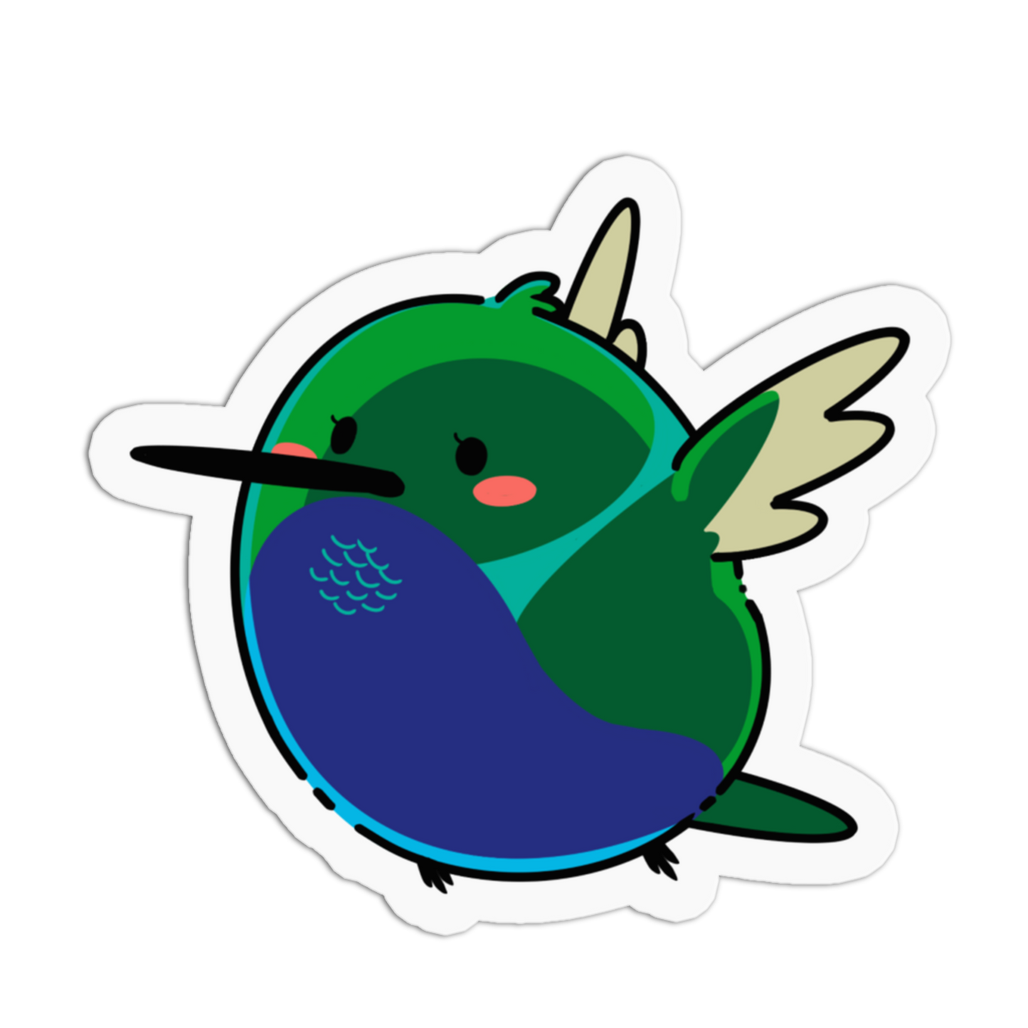 Cartoonish green and blue bird with a white border on a white background