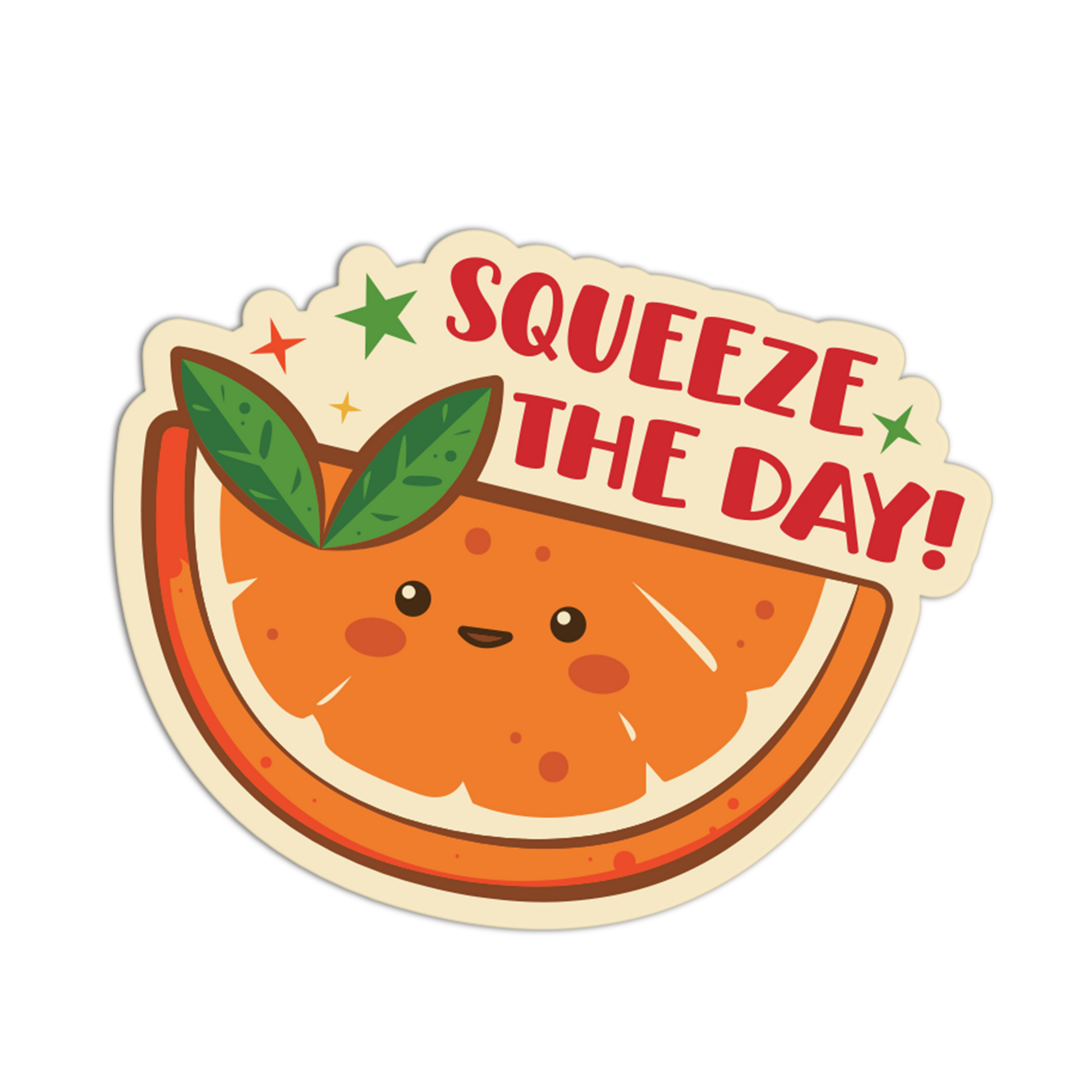Sticker with a cute orange slice character and 'Squeeze the Day!' text on a white background
