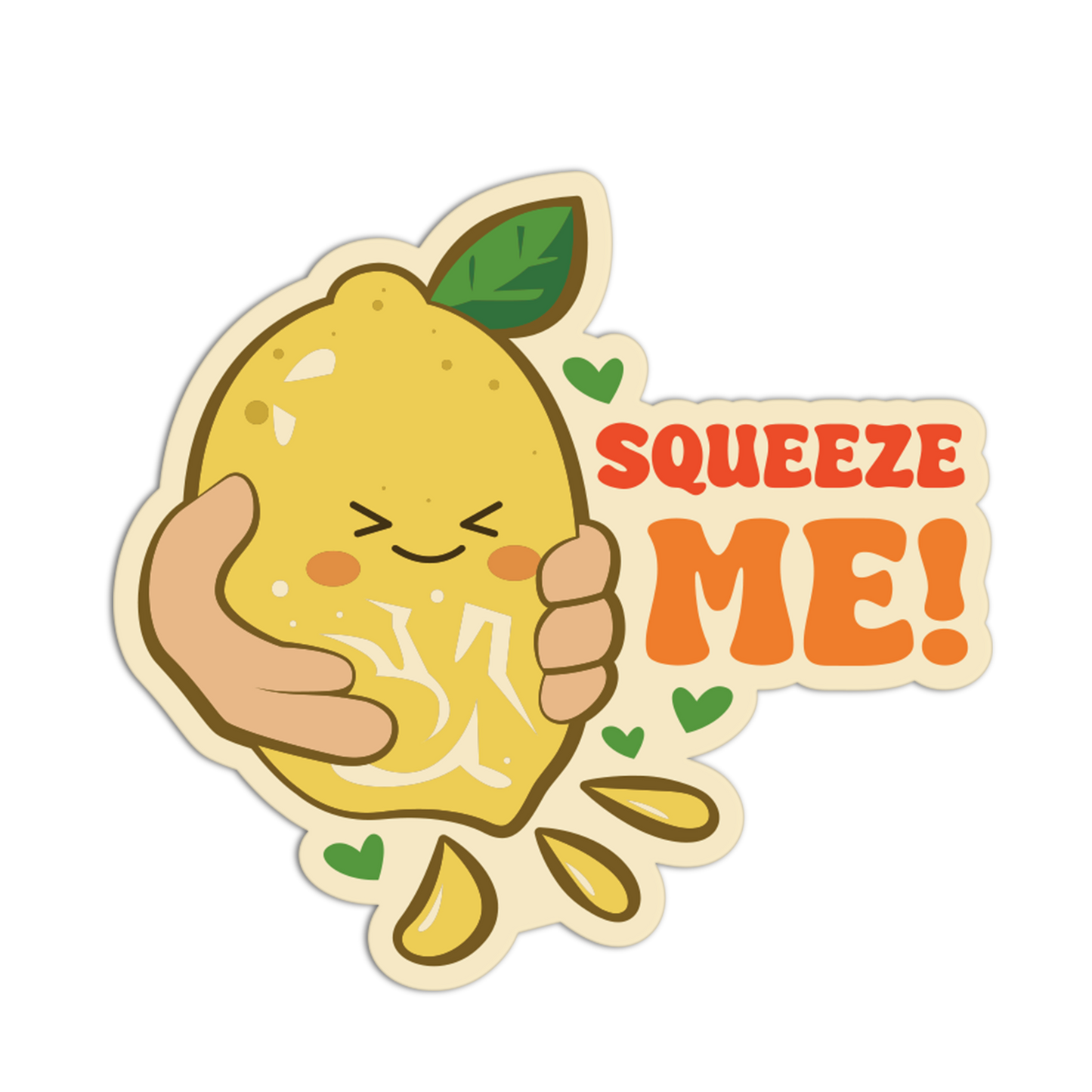 Cartoon lemon held by a hand with 'Squeeze Me!' text on a white background