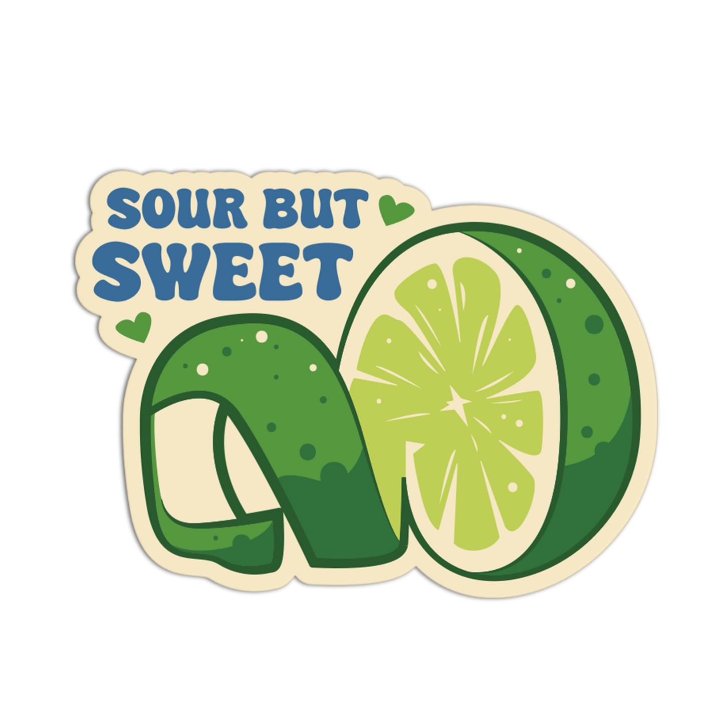 Sticker with a lime graphic and 'Sour But Sweet' text on a white background