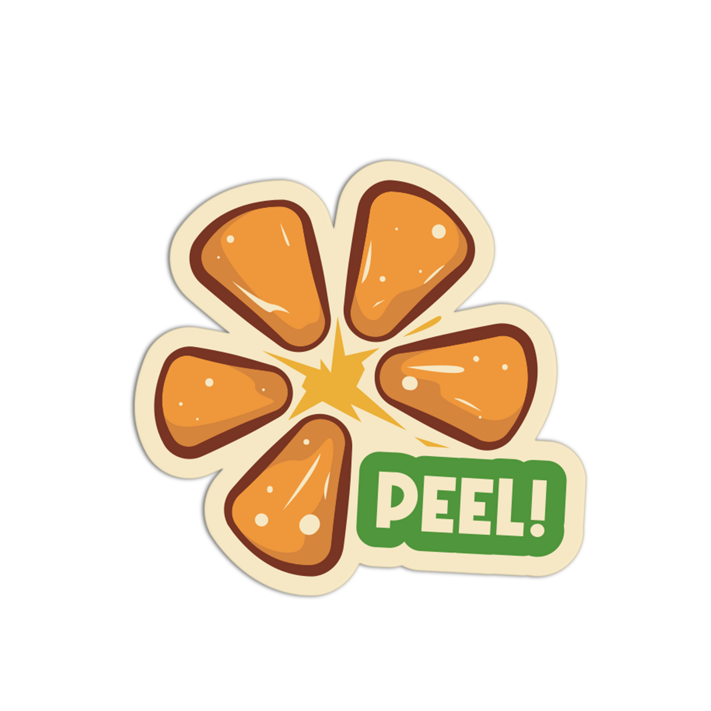 Sticker of a sliced orange with a 'PEEL!' label on a white background