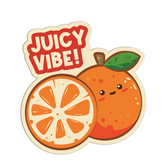 Cartoon orange with a face and 'Juicy Vibe!' text on a white background
