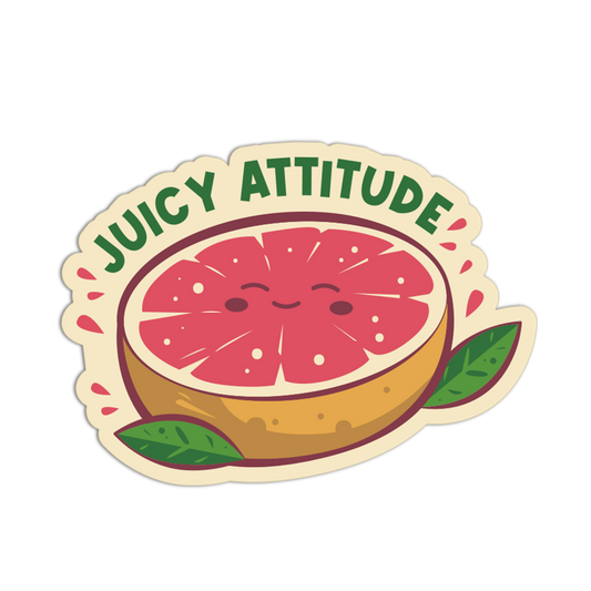 Sticker with a grapefruit slice and 'Juicy Attitude' text on a white background