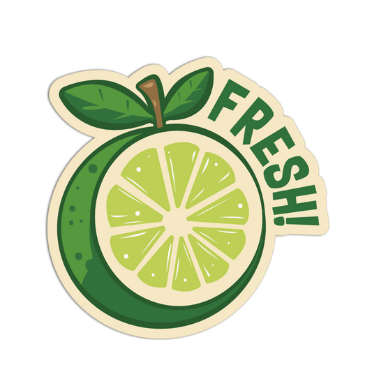 Lime sticker with 'FRESH!' text on a white background