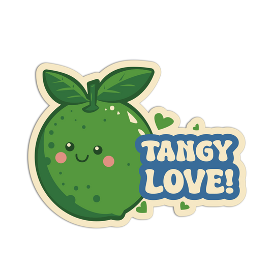 Cartoon lime with a smiling face and 'Tangy Love!' text on a white background