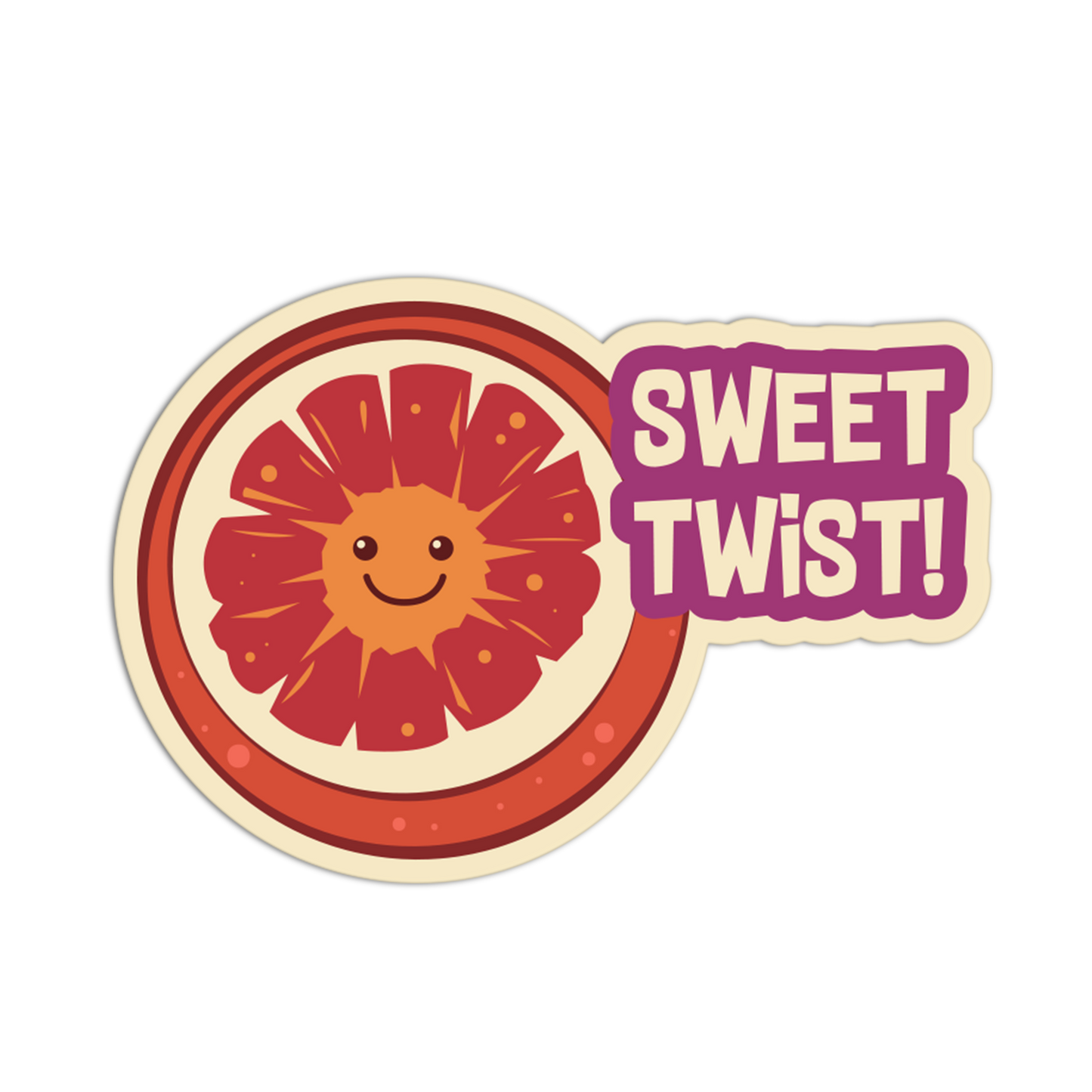 Sticker with a smiling sun design and 'Sweet Twist!' text on a white background
