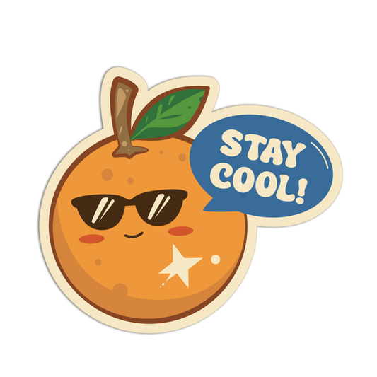 Cartoon orange with sunglasses and a 'Stay Cool!' speech bubble on a white background