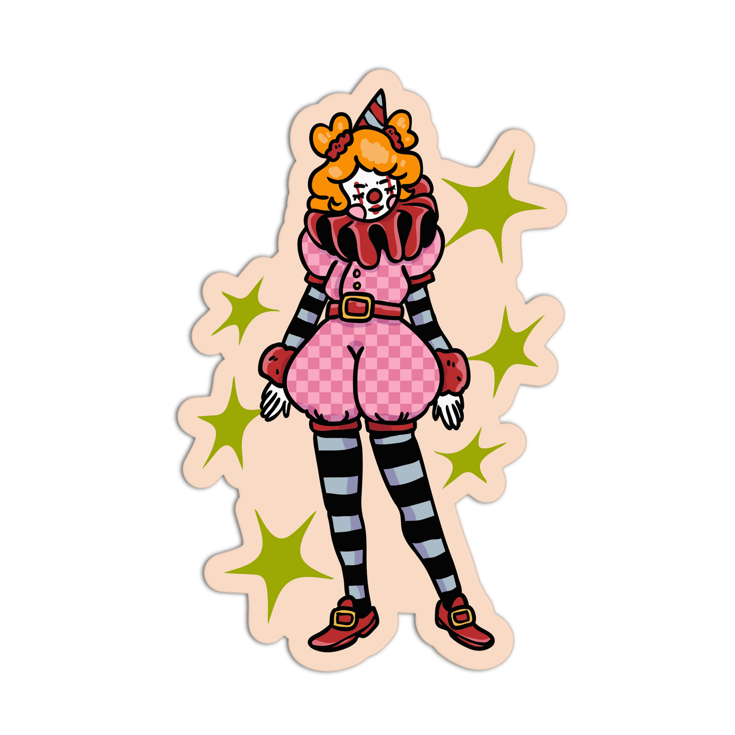 A die-cut sticker featuring a stylized cartoon clown character with orange hair, a pink and white checkered outfit, black-and-gray striped tights, and red shoes, surrounded by green star shapes on a light beige background.