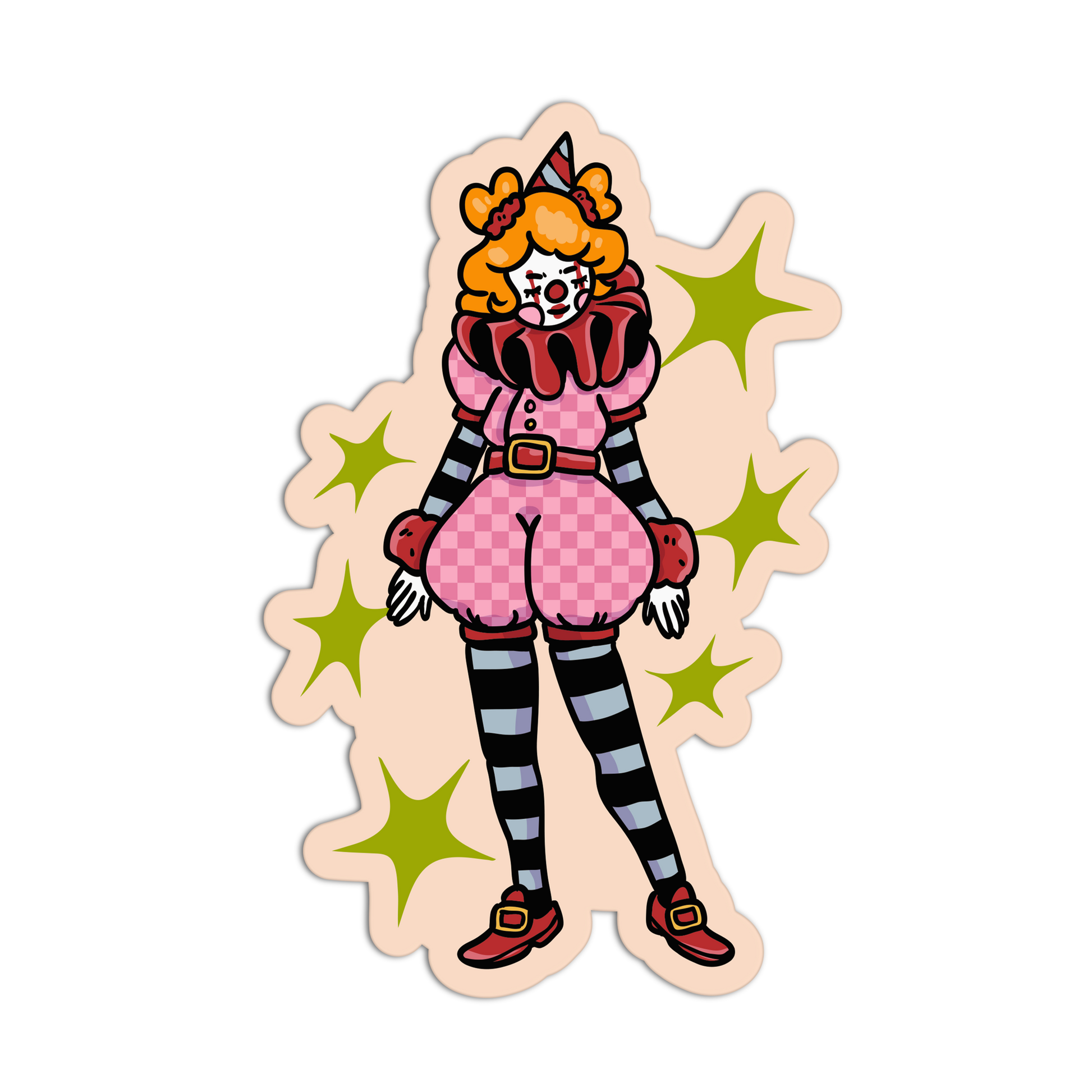 A die-cut sticker featuring a stylized cartoon clown character with orange hair, a pink and white checkered outfit, black-and-gray striped tights, and red shoes, surrounded by green star shapes on a light beige background.