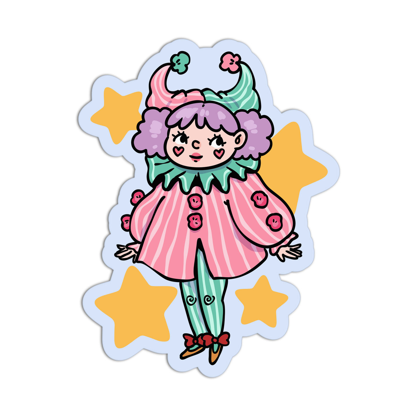 A cartoon-style die-cut sticker featuring a whimsical girl with purple hair, a pink and green striped outfit, and yellow stars on a light blue outline, shown on a plain white background.