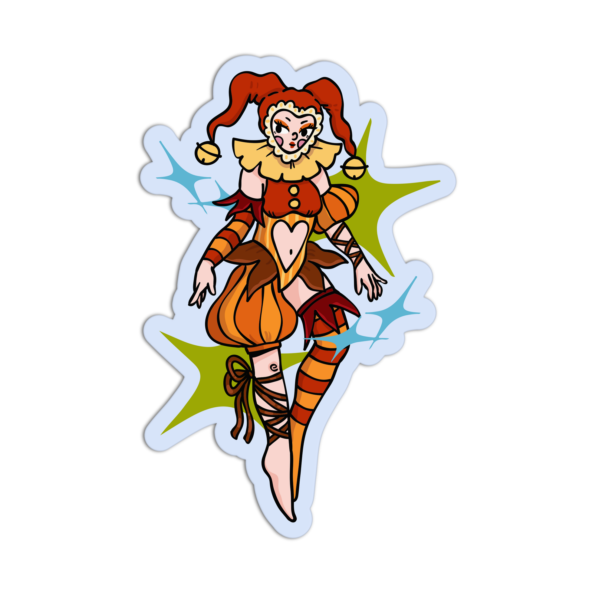 A die-cut vinyl sticker featuring a stylized cartoon jester character in orange, red, and yellow, surrounded by green starburst shapes and blue sparkles on a white background.