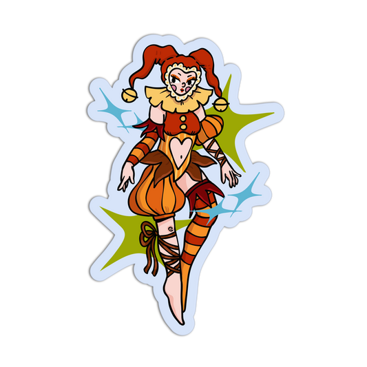 A die-cut vinyl sticker featuring a stylized cartoon jester character in orange, red, and yellow, surrounded by green starburst shapes and blue sparkles on a white background.