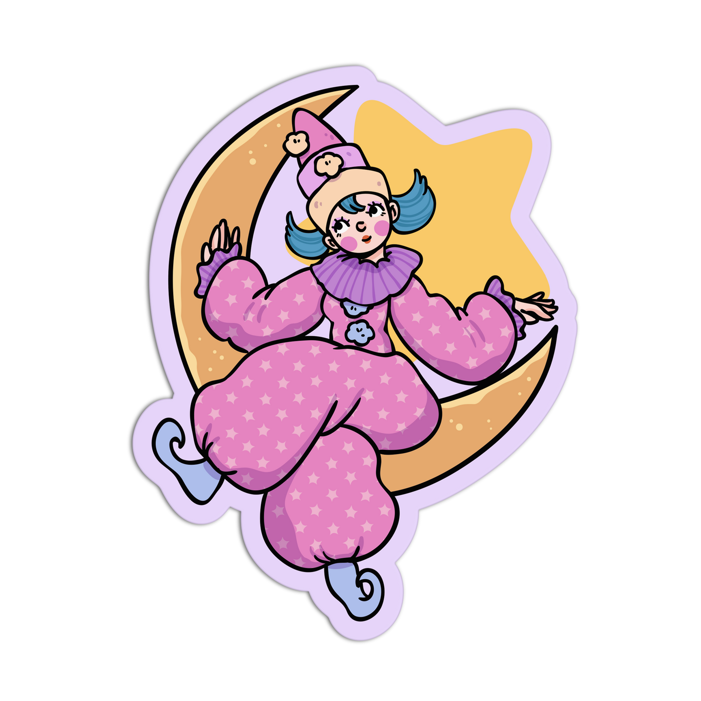 A cartoon-style die-cut sticker featuring a pink-clad character sitting on a crescent moon in front of a star, shown on a plain white background.