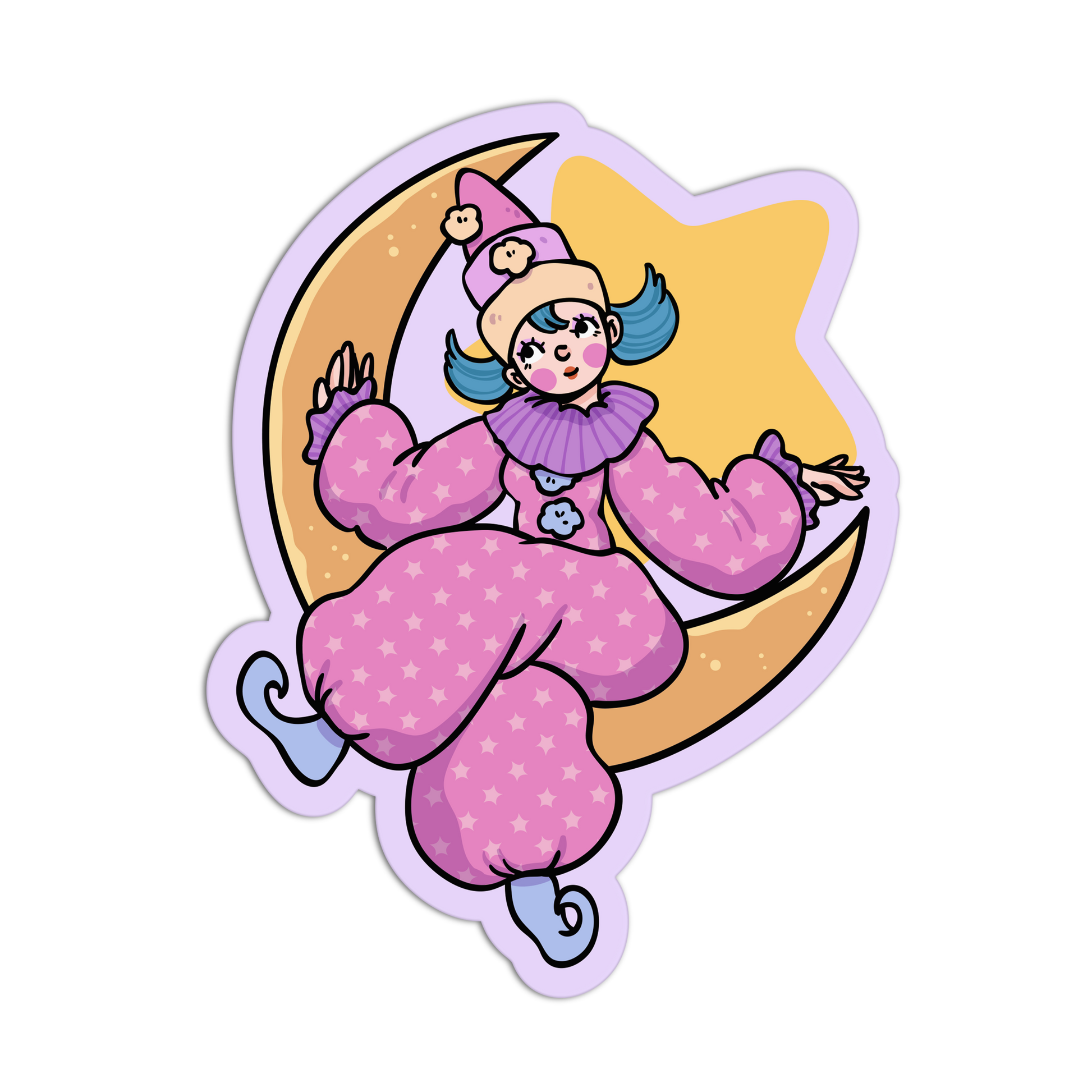 A cartoon-style die-cut sticker featuring a pink-clad character sitting on a crescent moon in front of a star, shown on a plain white background.