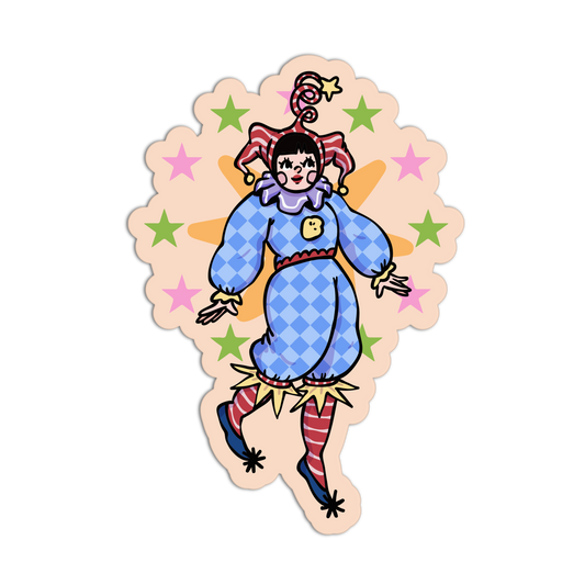 A die-cut sticker featuring a cartoon clown character in a blue and lavender checkered outfit with red-and-white striped stockings, pink stars, and a peach background.