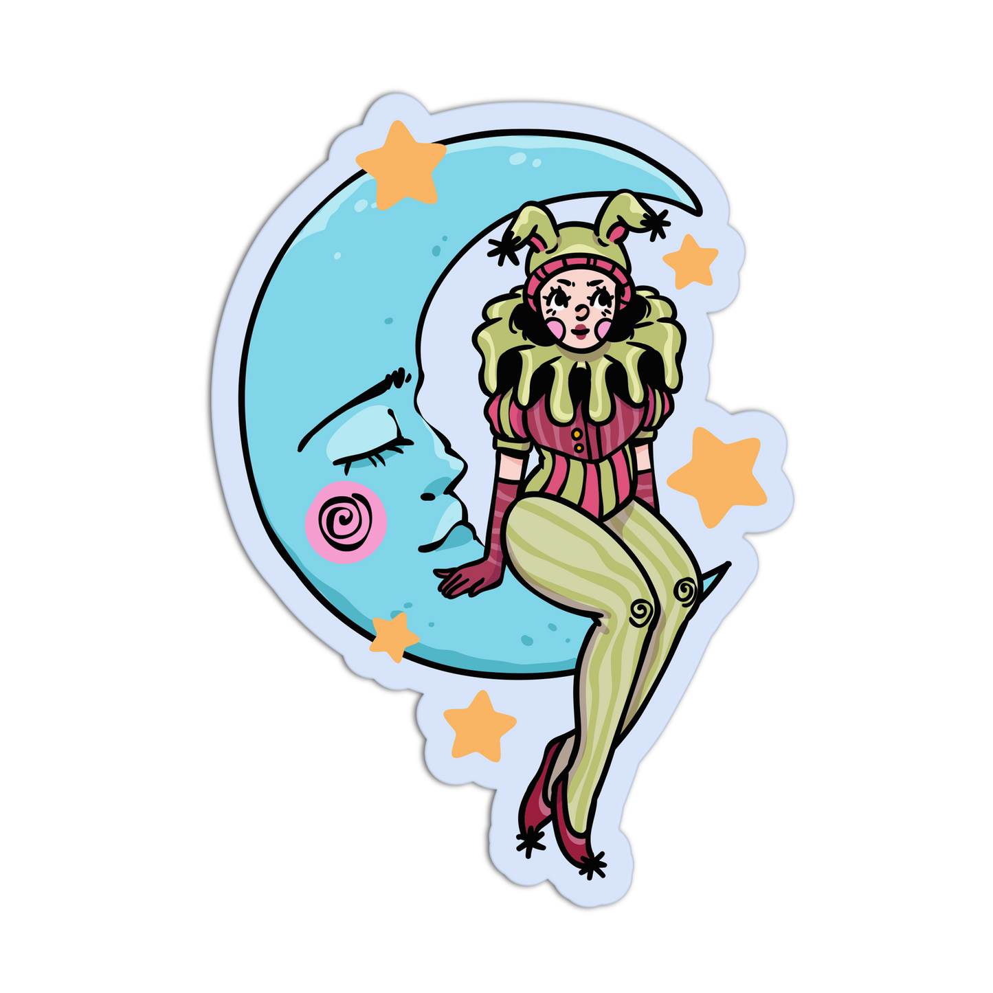 A die-cut vinyl sticker featuring a whimsical illustration of a woman in a pink and green clown costume sitting on a light blue crescent moon with a sleeping face, surrounded by orange stars, on a plain white background.